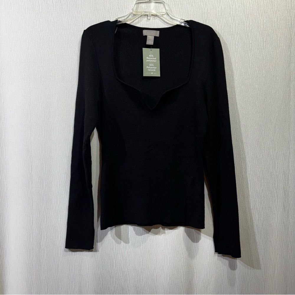 NWT H&M Women’s Ribbed Knit Black Long Sleeve Sweetheart Neckline Size XL New
